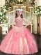 Watermelon Red Ball Gowns Straps Sleeveless Tulle Floor Length Lace Up Beading and Ruffles Pageant Dress Wholesale