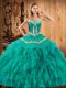 Sweetheart Sleeveless Sweet 16 Dresses Floor Length Embroidery and Ruffles Turquoise Satin and Organza