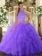 Sleeveless Floor Length Beading and Ruffles Backless Sweet 16 Dress with Lavender