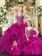Fuchsia Ball Gowns Ruffles Quinceanera Dress Lace Up Organza Sleeveless Floor Length