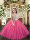 Beading Glitz Pageant Dress Hot Pink Lace Up Sleeveless Floor Length