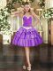 Stylish Sleeveless Mini Length Appliques and Ruffled Layers Lace Up Prom Party Dress with Eggplant Purple