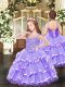 Lavender Lace Up Spaghetti Straps Appliques and Ruffled Layers Kids Pageant Dress Organza Sleeveless