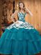 Great Teal Sleeveless Sweep Train Embroidery Ball Gown Prom Dress