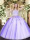 Sexy Lavender Sleeveless Lace and Appliques Floor Length 15 Quinceanera Dress