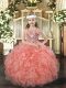 Sleeveless Organza Floor Length Lace Up Little Girl Pageant Gowns in Orange Red with Beading and Ruffles