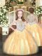 Sleeveless Organza Floor Length Zipper Little Girl Pageant Gowns in Gold with Beading and Ruffles
