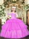 Lilac Organza Lace Up Little Girl Pageant Dress Sleeveless Floor Length Beading and Ruffled Layers