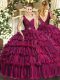 Fuchsia Ball Gowns Beading and Ruffled Layers Sweet 16 Dresses Backless Organza Sleeveless Floor Length