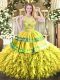 Yellow Green Ball Gowns Organza Halter Top Sleeveless Beading and Ruffles Floor Length Zipper Quinceanera Gowns