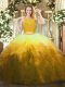Super Gold Sleeveless Lace and Ruffles Floor Length Sweet 16 Quinceanera Dress