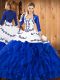 Satin and Organza Strapless Sleeveless Lace Up Embroidery and Ruffles Sweet 16 Dress in Blue And White