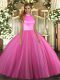 Sweet Rose Pink Tulle Backless Halter Top Sleeveless Floor Length Sweet 16 Dress Beading