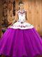 Fantastic Fuchsia Lace Up Halter Top Embroidery Sweet 16 Dress Satin and Tulle Sleeveless
