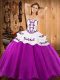 Sleeveless Floor Length Embroidery Lace Up Quince Ball Gowns with Fuchsia