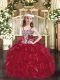 Enchanting Wine Red Ball Gowns Organza Straps Sleeveless Appliques and Ruffles Floor Length Lace Up Little Girls Pageant Gowns