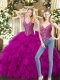 Floor Length Two Pieces Sleeveless Fuchsia 15th Birthday Dress Lace Up