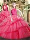 Affordable Coral Red Sleeveless Floor Length Lace and Ruffled Layers Zipper Vestidos de Quinceanera