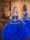 Fashionable Royal Blue Sleeveless Floor Length Embroidery and Ruffles Lace Up Pageant Dress