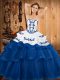 Stylish Blue Ball Gowns Strapless Sleeveless Tulle Sweep Train Lace Up Embroidery and Ruffled Layers Sweet 16 Dresses
