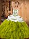Olive Green Ball Gowns Strapless Sleeveless Satin and Organza Floor Length Lace Up Embroidery and Ruffles Ball Gown Prom Dress