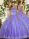 Lavender Backless Halter Top Beading and Appliques Quinceanera Gowns Tulle Sleeveless