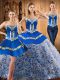 Satin and Fabric With Rolling Flowers Strapless Sleeveless Sweep Train Lace Up Embroidery 15th Birthday Dress in Multi-color