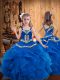 Custom Fit Floor Length Blue Little Girls Pageant Dress Organza Sleeveless Embroidery and Ruffles