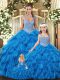 Teal Tulle Lace Up Sweet 16 Dress Sleeveless Floor Length Beading and Ruffles