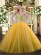 Exquisite Gold Tulle Lace Up Quinceanera Gowns Sleeveless Floor Length Beading