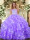 Shining Floor Length Clasp Handle Quinceanera Gown Lavender for Military Ball and Sweet 16 and Quinceanera with Lace and Ruffled Layers