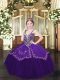 Customized Dark Purple Ball Gowns Satin and Organza Spaghetti Straps Sleeveless Beading and Embroidery Floor Length Lace Up Little Girls Pageant Dress Wholesale