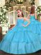 Pretty Sleeveless Floor Length Beading and Ruffled Layers Lace Up Little Girls Pageant Dress with Aqua Blue