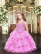 Rose Pink Ball Gowns Organza Spaghetti Straps Sleeveless Appliques and Ruffled Layers Floor Length Lace Up Girls Pageant Dresses