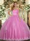 Rose Pink Lace Up Sweetheart Beading and Appliques Quinceanera Dresses Tulle Sleeveless