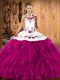 Sophisticated Ball Gowns Quince Ball Gowns Fuchsia Halter Top Satin and Organza Sleeveless Floor Length Lace Up