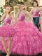 Hot Pink Straps Lace Up Beading and Ruffles and Pick Ups Quince Ball Gowns Sleeveless