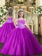 Purple Tulle Lace Up Straps Sleeveless Floor Length Little Girl Pageant Gowns Beading