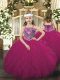 Pretty Fuchsia Ball Gowns Tulle Straps Sleeveless Beading and Ruffles Floor Length Lace Up Pageant Dress for Womens