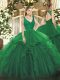 Luxurious Dark Green Ball Gowns Organza V-neck Sleeveless Beading and Lace and Ruffles Floor Length Backless Quinceanera Dress