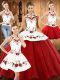 Smart White And Red Organza Lace Up Halter Top Sleeveless Floor Length Sweet 16 Dress Embroidery