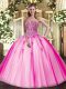 Designer Hot Pink Ball Gowns Tulle Sweetheart Sleeveless Beading Floor Length Lace Up 15 Quinceanera Dress