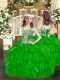 Green Organza Lace Up Straps Sleeveless Floor Length Kids Formal Wear Appliques and Ruffles