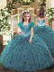 Cute Teal Ball Gowns Beading and Ruffles Pageant Dress Womens Lace Up Organza Sleeveless Floor Length