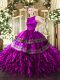 Fuchsia Satin and Organza Clasp Handle Quinceanera Dress Sleeveless Floor Length Ruffles