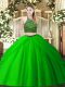 Halter Top Sleeveless Quinceanera Gowns Floor Length Beading and Ruching Green Tulle