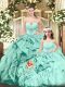 Exceptional Sleeveless Organza Floor Length Lace Up Quinceanera Gown in Aqua Blue with Beading and Ruffles