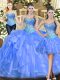 Clearance Floor Length Lace Up Quinceanera Dresses Baby Blue for Military Ball and Sweet 16 and Quinceanera with Beading and Ruffles