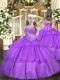 Purple Girls Pageant Dresses Party and Sweet 16 and Quinceanera and Wedding Party with Beading and Ruffled Layers Straps Sleeveless Lace Up
