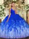 Multi-color Ball Gowns Beading and Ruffles 15th Birthday Dress Backless Tulle Sleeveless Floor Length